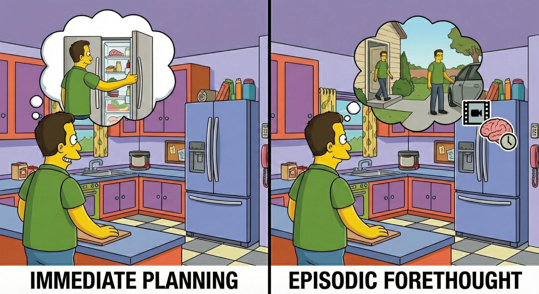 Cartoon: a man in his kitchen imagining opening the fridge (immediate planning) versus imagining leaving the house and getting into his car (episodic forethought)